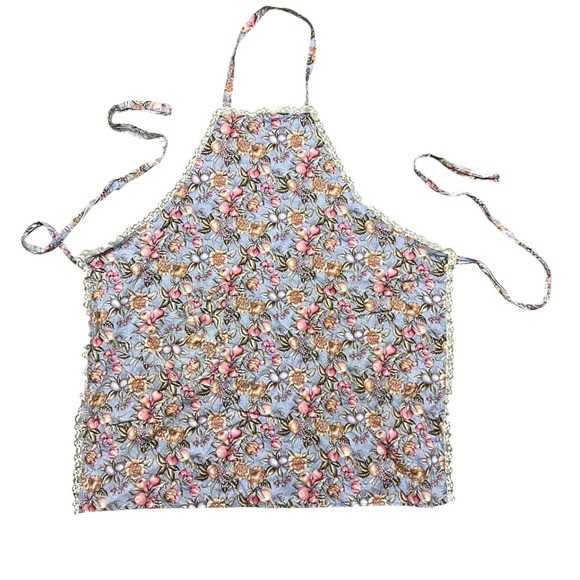 VTG Floral Fruit Print Lace Trim Triangle Pocket Apron - Picture 1 of 3